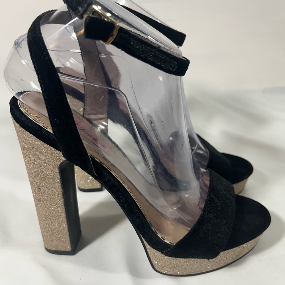 BETSY JOHNSON MATTIE BLACK VELVET PLATFORM GOLD GLITTER HEELS 7.5M PREOWNED - Picture 3 of 12